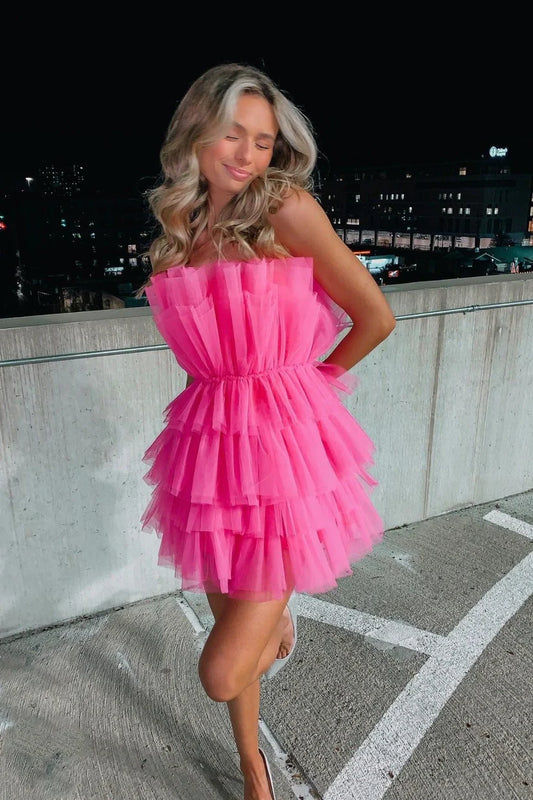 Vibrant Hot Pink Strapless A Line Short Homecoming Dress With Tiered Tulle Skirt AS726