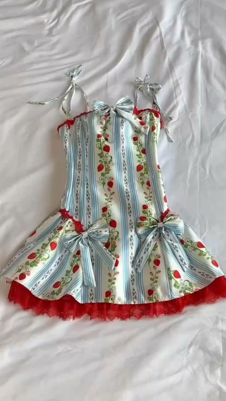 Playful Strawberry Print Spaghetti Straps Short A Line Homecoming Dress With Bow Details & Red Lace Trim AS736