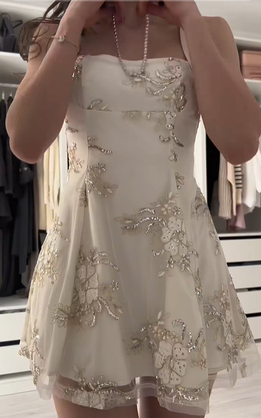 Delicate Ivory Spaghetti Straps Open Back Bow Short A Line Homecoming Dress With Sequin Lace Appliques & Sheer Tulle Skirt AS737