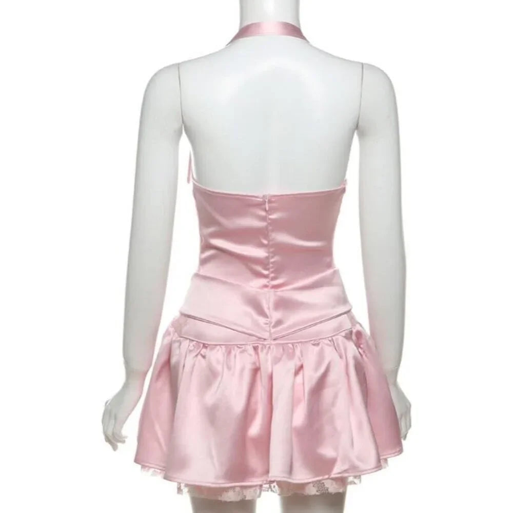 Playful Pink Halter A Line Mini Homecoming Dress With Satin Fabric, Lace Trim & Bow Detail AS738