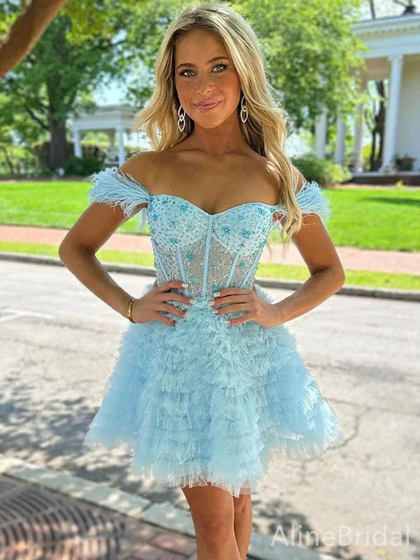 Delicate Light Blue Beaded Corset Bodice Off-The-Shoulder A Line Short Homecoming Dress With Ruffled Tulle Skirt AS740