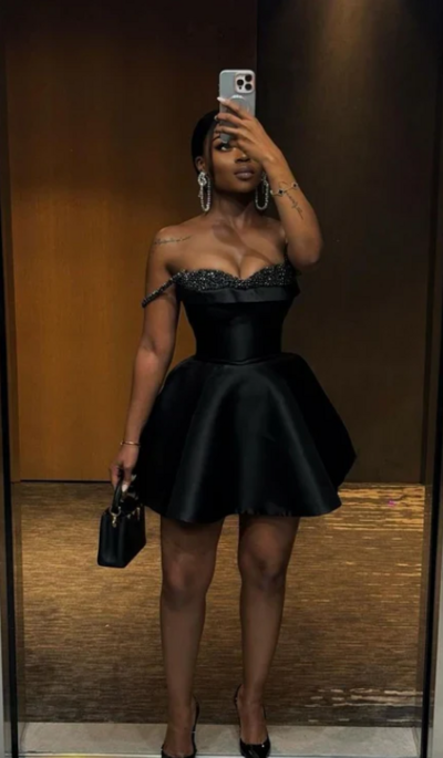 Luxury Beaded Neckline Off Shoulder Black Satin Corset A Line Short Homecoming Dress AS754