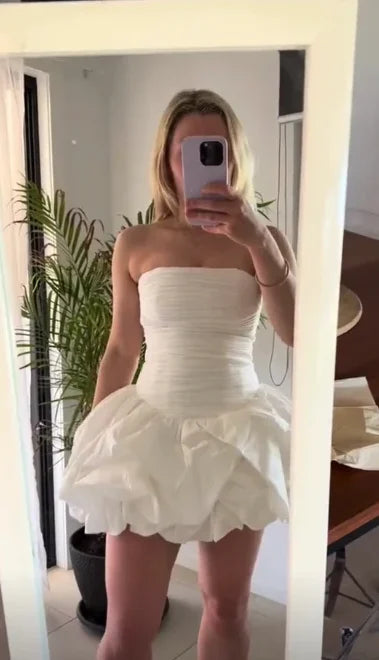 Chic White Strapless Ruched Bodice White Bubble Hem Mini A Line Homecoming Dress AS755