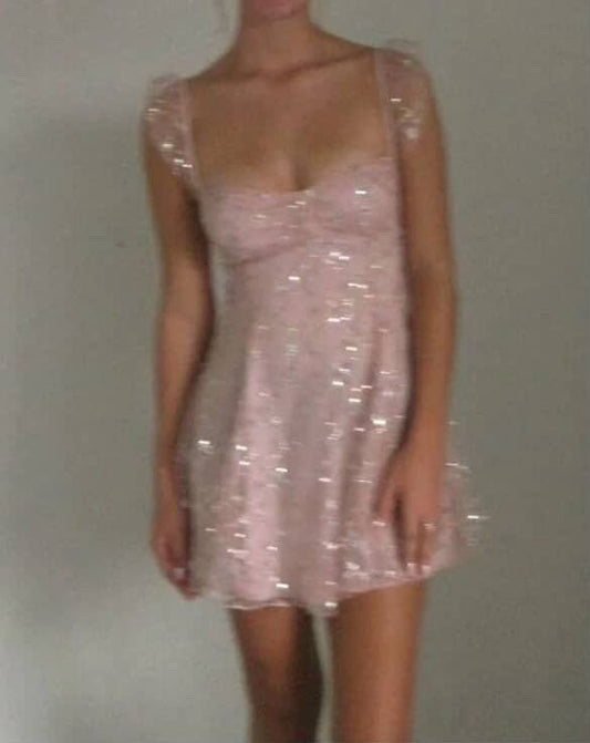 Sweet Pink Ruffle Straps Sparkle Tulle High Waist A-Line Homecoming Mini Dress AS761