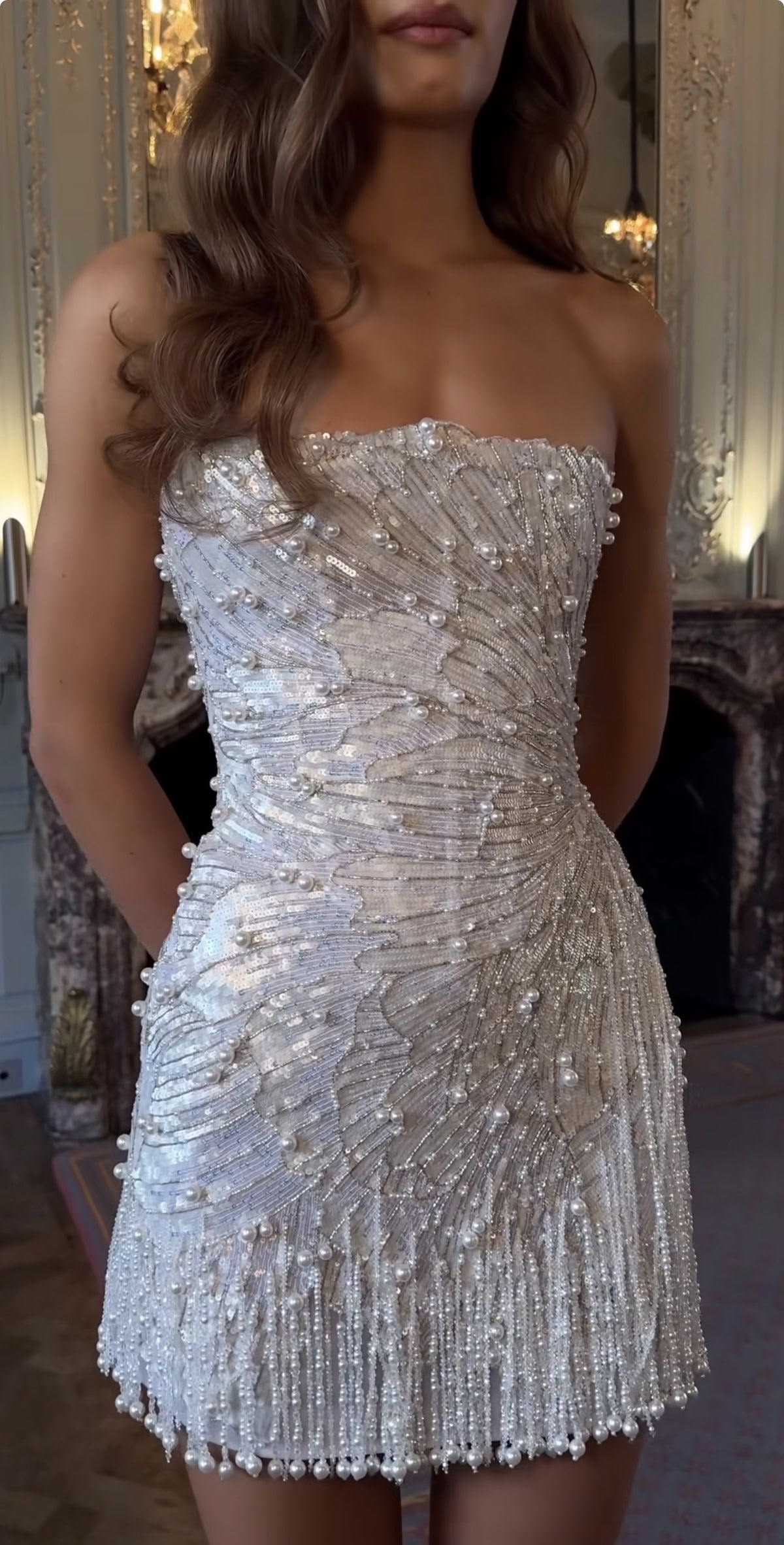 Luxury White Strapless Iridescent Fringe Pearl Bodycon Short Homecoming Dress AS770