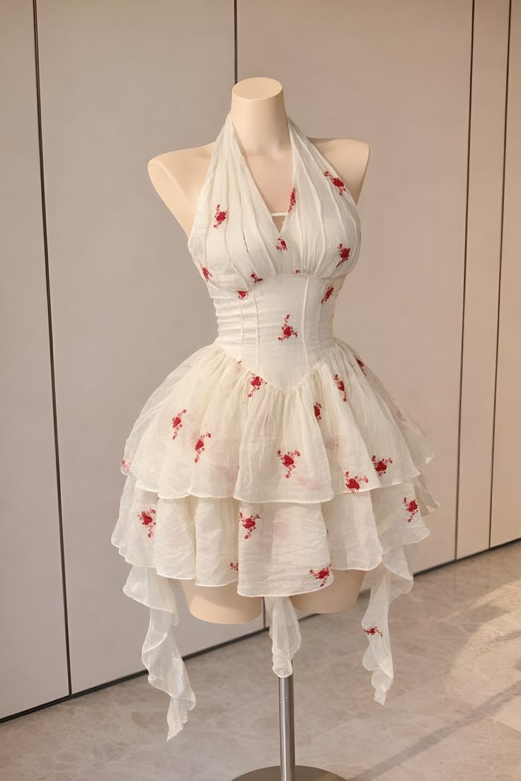 Romantic Ivory Red Flower Halter Deep V Double Ruffle Irregular Streamer A Line Mini Homecoming Dress AS776