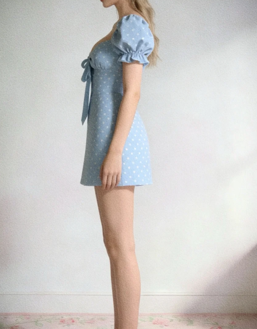 Cute Light Blue White Polka Dot Sweetheart Puff Short Sleeve Front Big Bow A Line Mini Homecoming Dress AS782