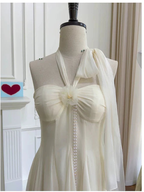 Ethereal Cream Ivory Halter Tie Big Bow Pearl String Detail Chiffon A Line Short Homecoming Dress AS783