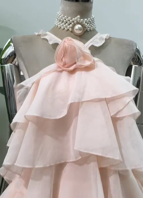 Sweet Blush Pink Halter Neck Big 3D Rose Tier Ruffle Chiffon A Line Mini Homecoming Dress AS785