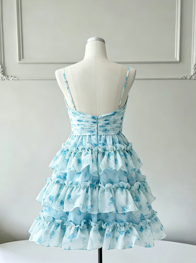 Chic Light Blue Floral Print Spaghetti Straps Sweetheart Cutout Tiered Ruffle A Line Short Homecoming Dress AS786