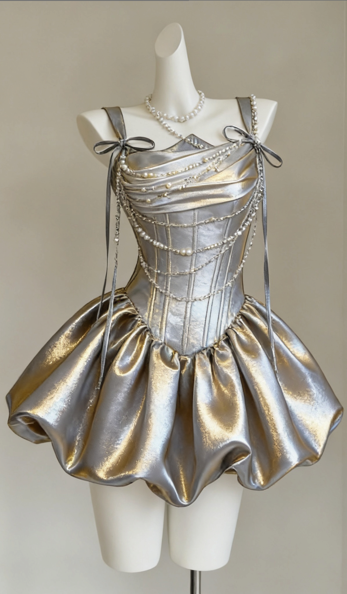 Opulent Metallic Silver Straps Corset Draped Bust A Line Skirt Mini Dress With Pearl Chains & Ribbon Bows AS788