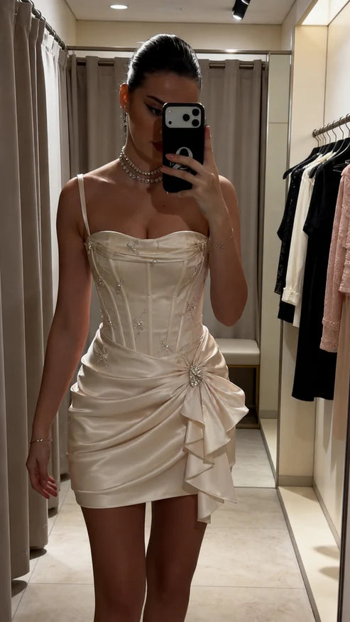 Opulent Ivory Satin Spaghetti Straps Corset Bodycon Mini Homecoming Dress With Side Ruffle And Beaded Detail AS805