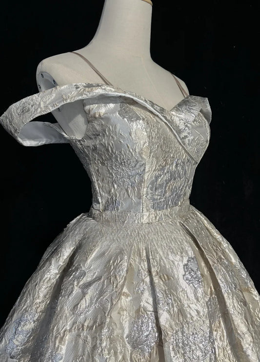 Regal Champagne Silver Off-The-Shoulder Jacquard A Line Short Homecoming Dress AS808