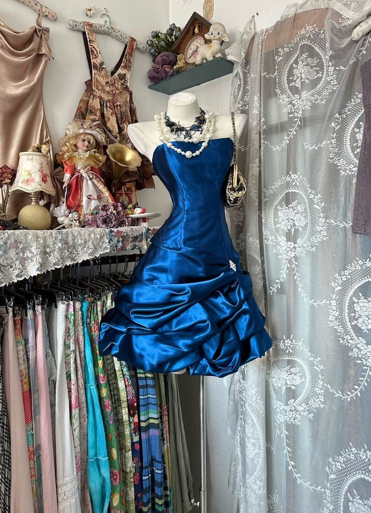 Enchanting Royal Blue Satin Strapless Short A-Line Homecoming Dress With Ruched Bubble Skirt AS823