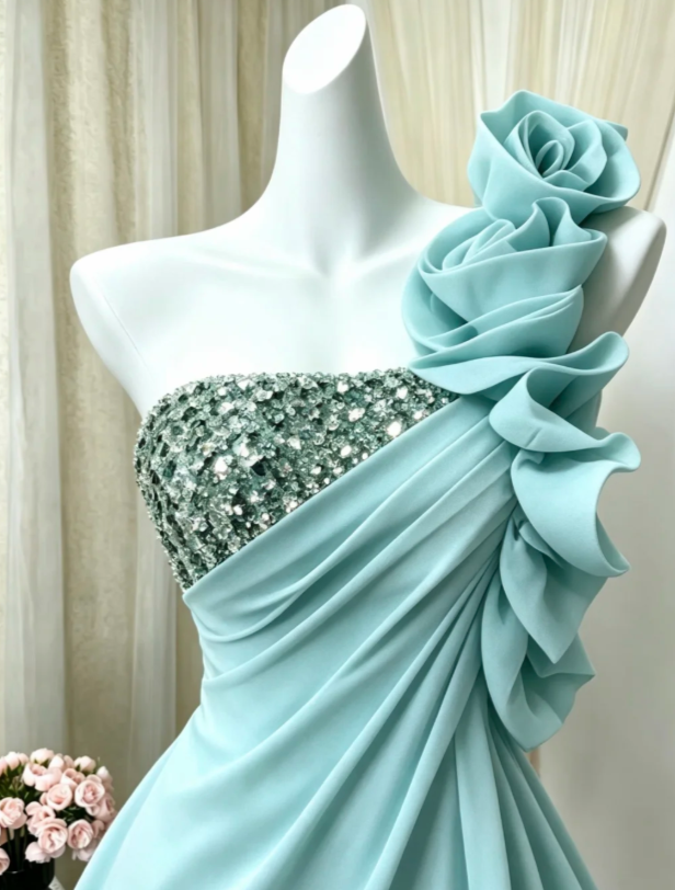 Whimsical Mint Green One-Shoulder A Line Short Homecoming Dress With Beaded Bodice And Floral Ruffle AS834