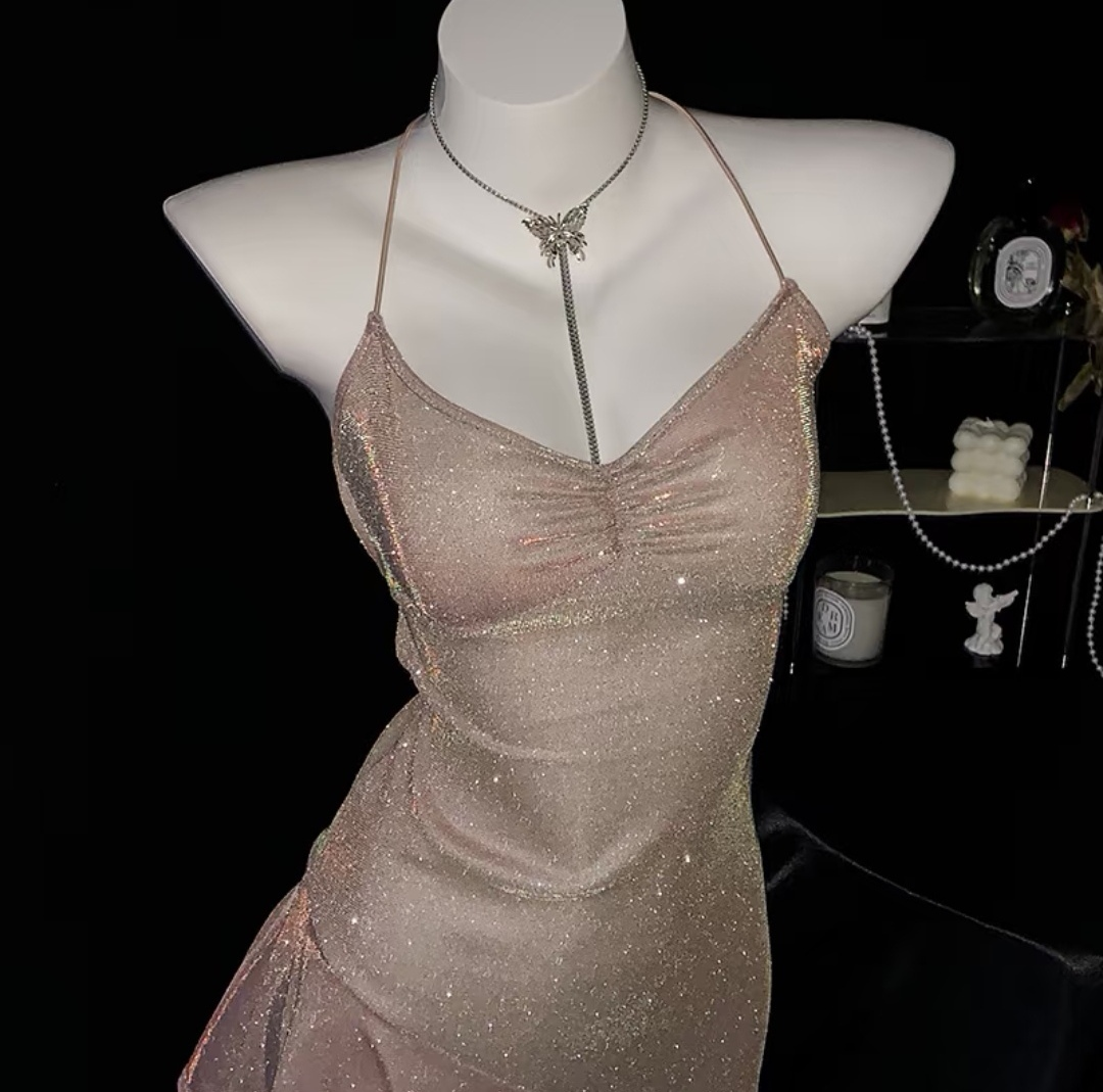 Chic Champagne Gold Spaghetti Straps Glitter Open Back and Tie Short Bodycon Homecoming Dress With Asymmetrical Ruffled Hem AS835