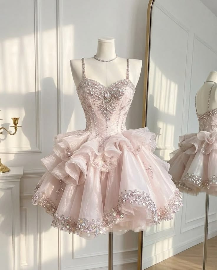 Sparkling Light Pink Spaghetti Straps Beaded A Line Mini Homecoming Dress With Ruffle Organza Skirt Beaded Hem Trim AS839