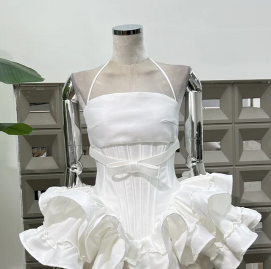 Minimal White Halter Waist Satin Bow Layer Ruffle Hem A Line Mini Homecoming Dress AS841