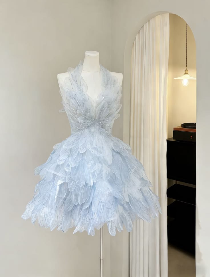 Ethereal Sky Light Sky Blue Halter Deep V Sequin Mini A Line Homecoming Dress With Multi-Tier Floating Feather Leaf Organza Skirt AS845