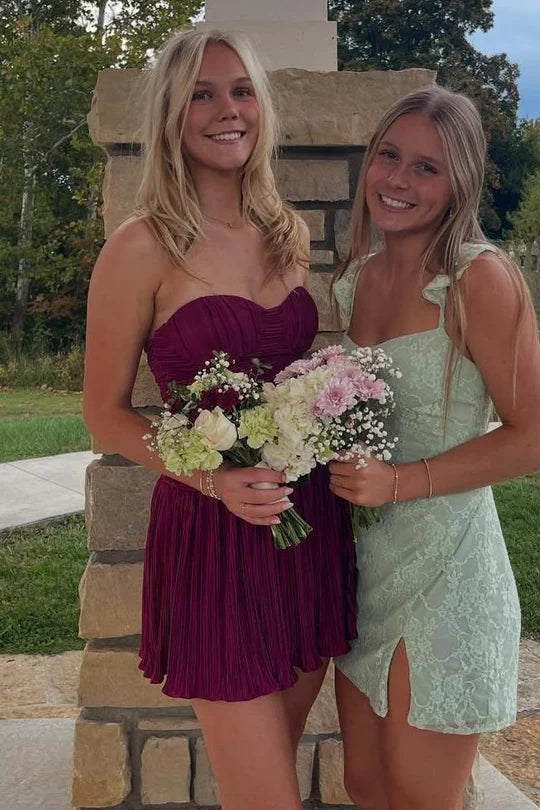 Delicate Pleated Burgundy Strapless Sweetheart Short A-Line Homecoming Dress AS849