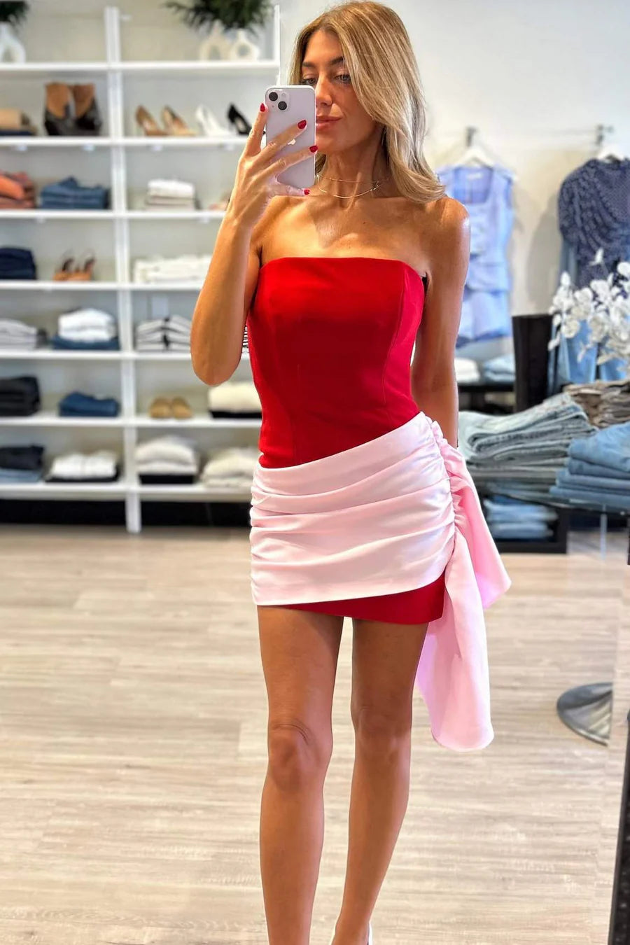 Chic Red Pink Two-Tone Strapless Short Homecoming Dress Bodycon Red Inner Skirt Side Ruched Blush Satin Overlay AS852