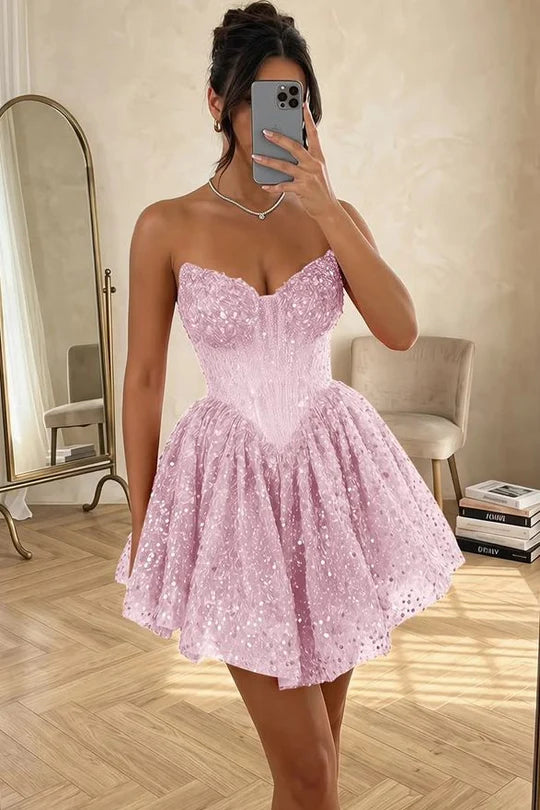Vibrant Orange Strapless Sweetheart Sequin Short A Line Homecoming Dress AS853
