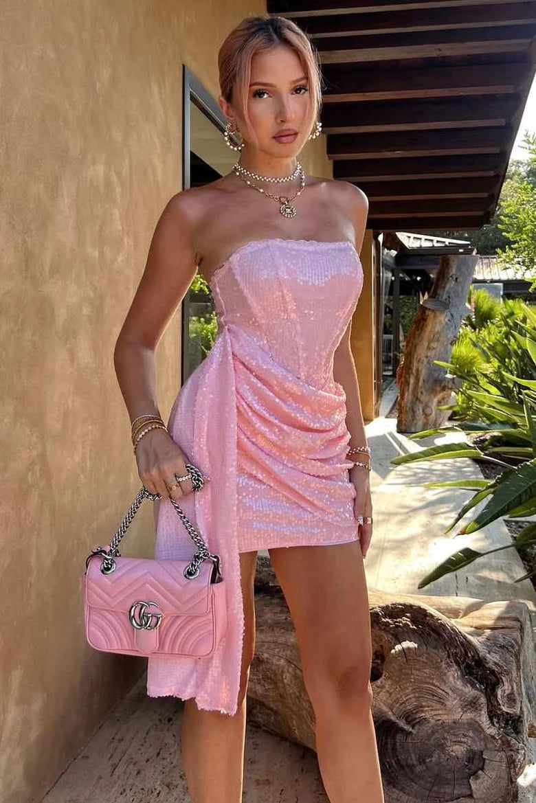 Sparkling Light Pink Sequin Strapless Corset Bodycon Short Homecoming Dress Side Ruched Draped Streamer AS855