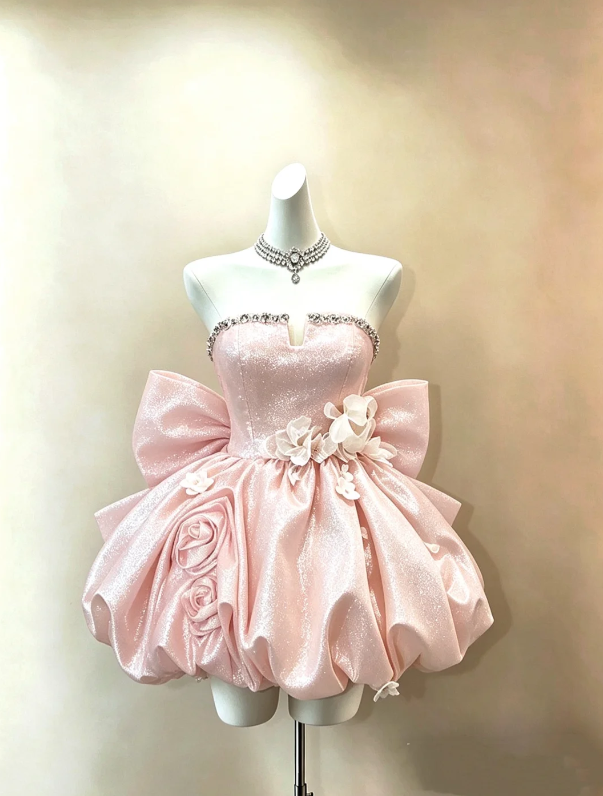 Glitter Light Pink Strapless Short A Line Homecoming Dress With Rhinestone Trim,Large Back Satin Bow And 3D Rose Floral Bubble Puff Skirt AS866