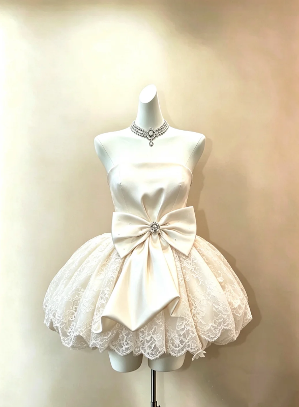 Elegant Luxe Ivory Strapless Satin Short A Line Homecoming Dress With Giant Front Bow And Lace Overlay Bubble Puff Skirt AS868