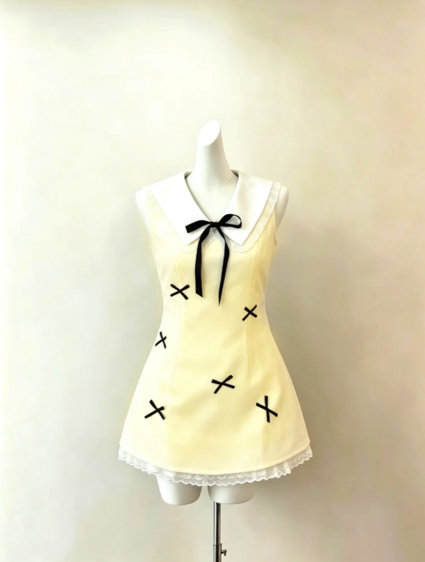 Girly Butter Pale Yellow Sleeveless Peter Pan Collar Lapel A Line Mini Homecoming Dress With Black Ribbon Bow AS978