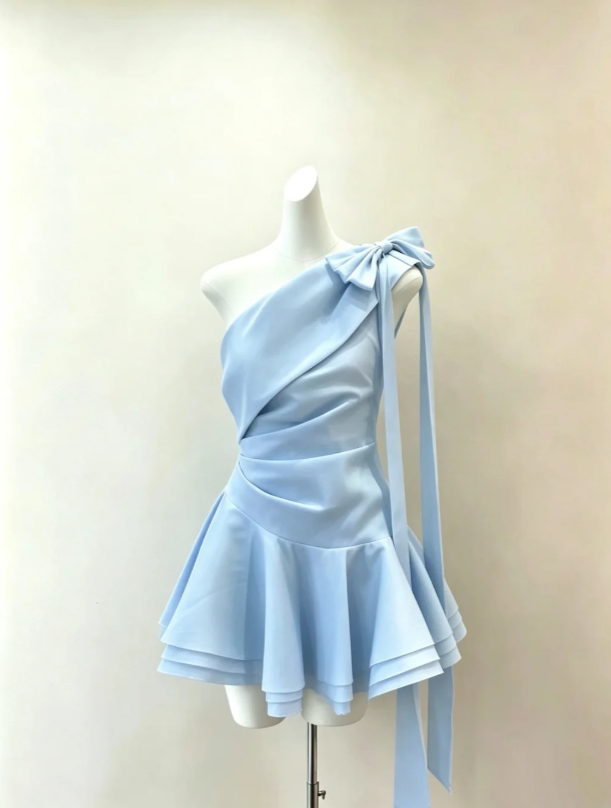Chic Light Blue One Shoulder Draped Ruched A Line Short Homecoming Dress Oversized Long Streamer Satin Bow AS979