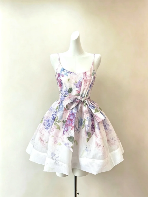 Whimsical Purple Pink Floral Print Spaghetti Straps A Line Waist Belt Short Homecoming Dress AS980