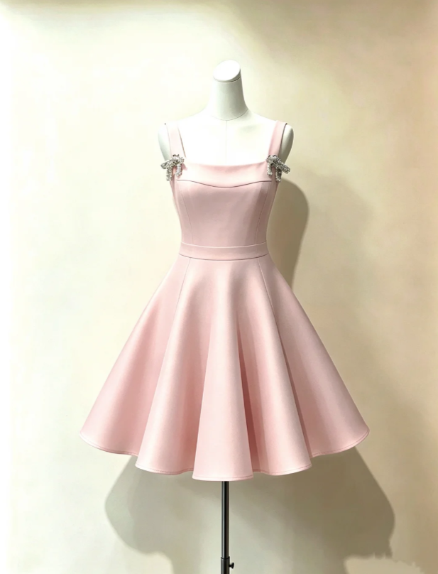Chic Light Pink Square Neck Wide Straps Rhinestone Bow Satin A-Line Short Homecoming Dress AS985