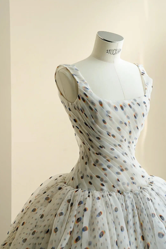 Delicate White Square Neck Straps Ruched Bodice Muted Polka Dot Sheer Tulle A Line Homecoming Dress AS994