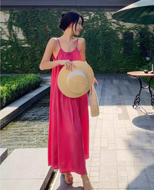New Fashion Rose Pink Sleeveless Backless Beach Loose Spaghetti Strap Dress AP0244