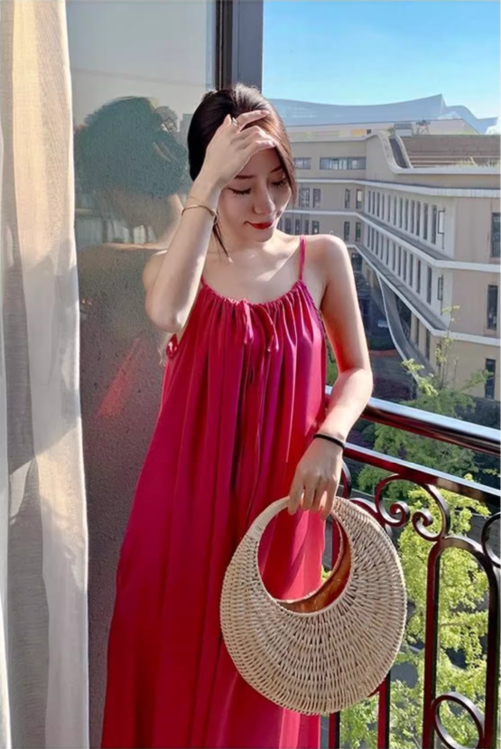 New Fashion Rose Pink Sleeveless Backless Beach Loose Spaghetti Strap Dress AP0244
