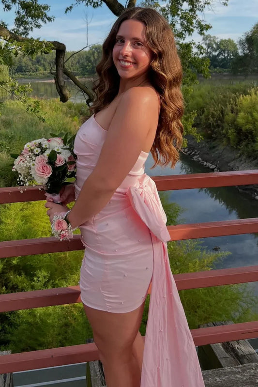 Gorgeous Pink Strapless Neck Runched Bodycon Mini Homecoming Dress With Pearls And Bow AS1249
