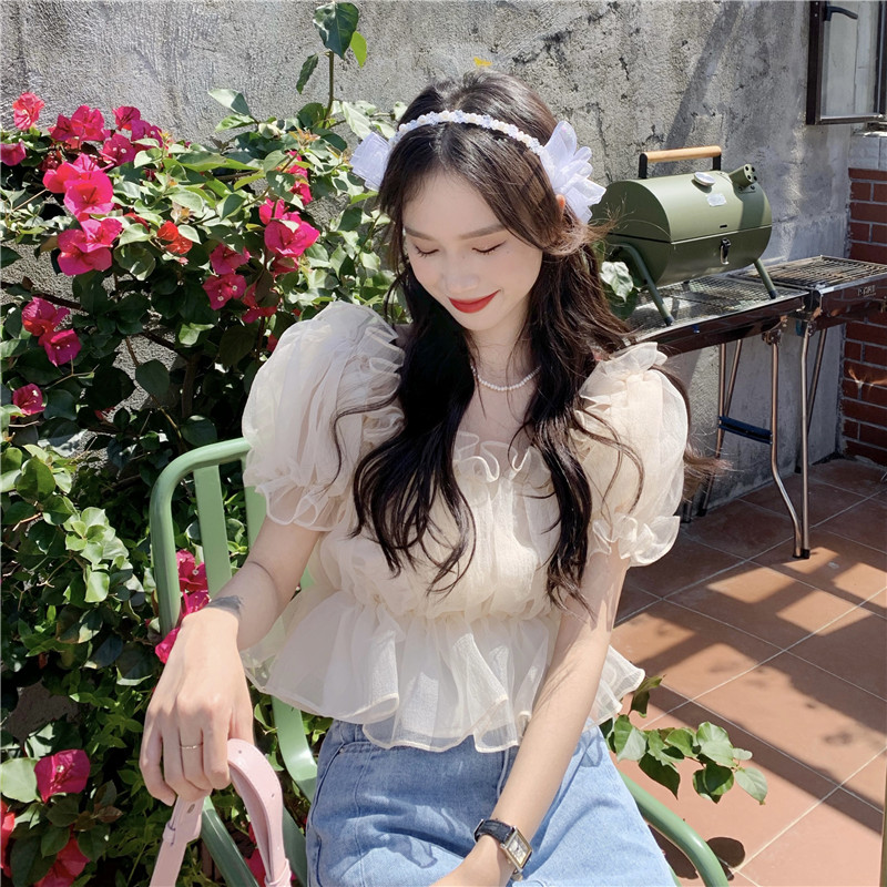 Sweet Wonderful Ladies Striped Square Neck Collar Mesh Pleated Ruffle Shirt Puff Short Sleeve Off Shoulder Top AP000196