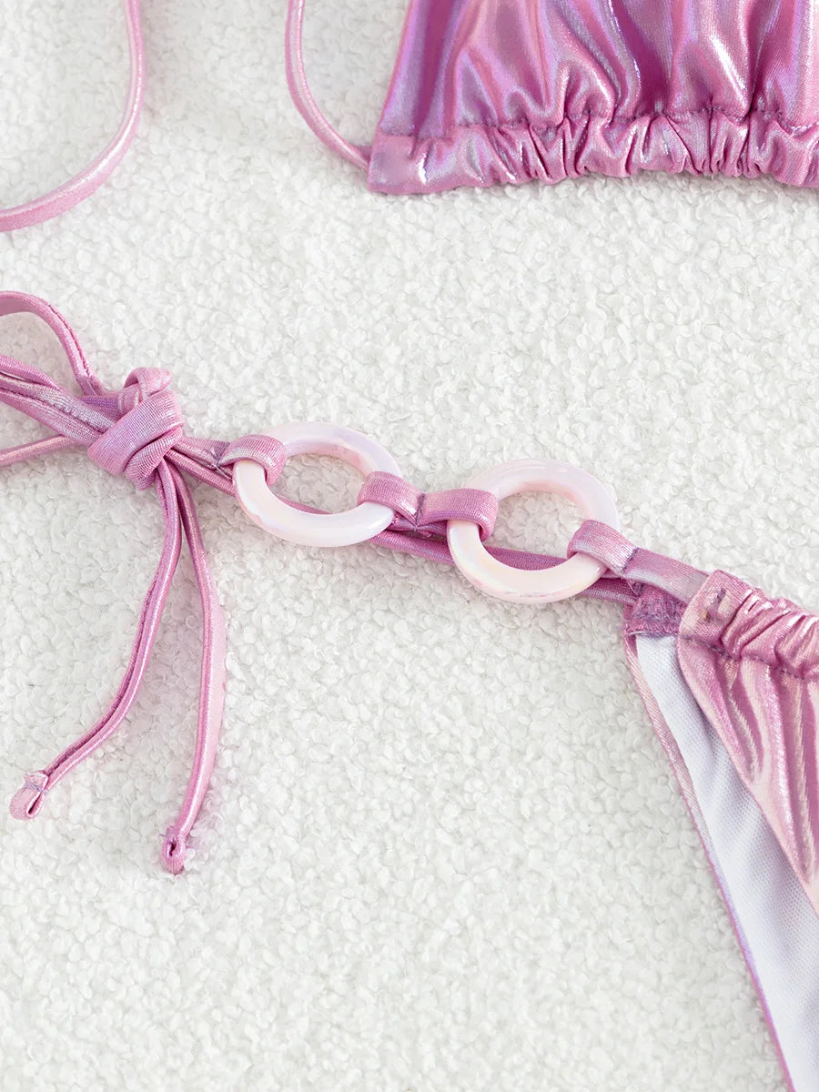 Simple Women Shiny Metallic Tie Bikini Swimsuit Two-piece Set AP000149