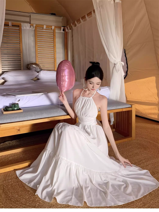 New Stylish White Sleeveless Backless Beach Casual Halter Dress AP0256