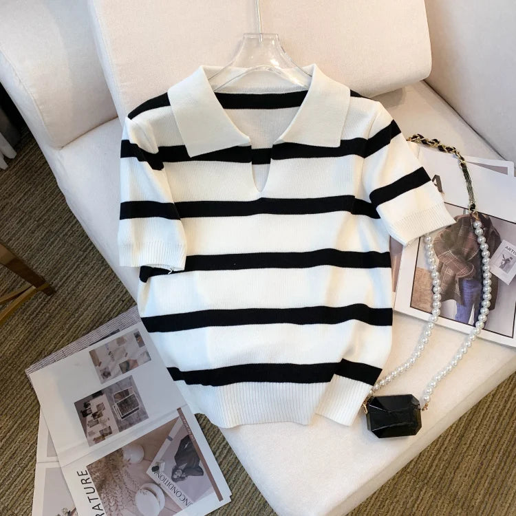 Fashion New Striped Short Sleeve Polo Collar Knit Shirt AP000184