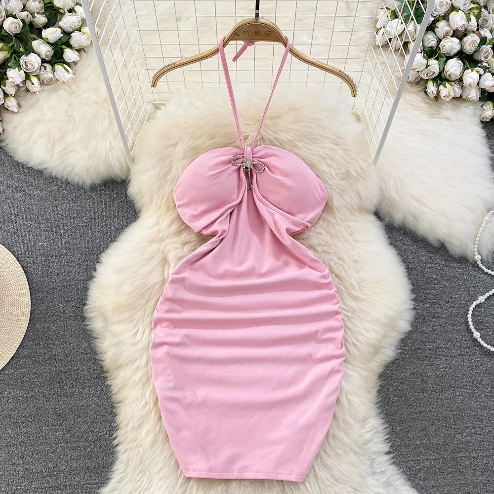 Women Pink Halter Neck Mini Dress With Bow Detail Simple Fashion AP00206