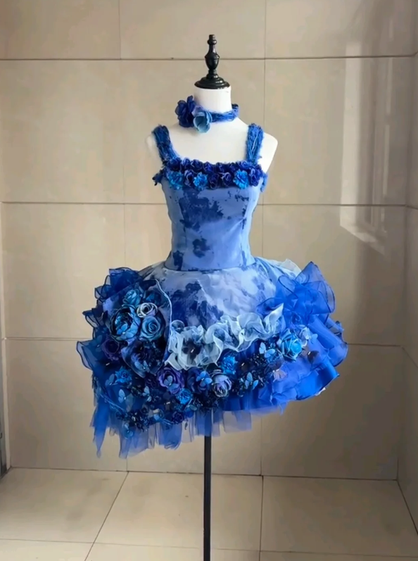 Luminous Royal Blue Straps Watercolor Ink Print Dense 3D Rose Floral Ruffle Tulle A Line Short Homecoming Dress AS1025