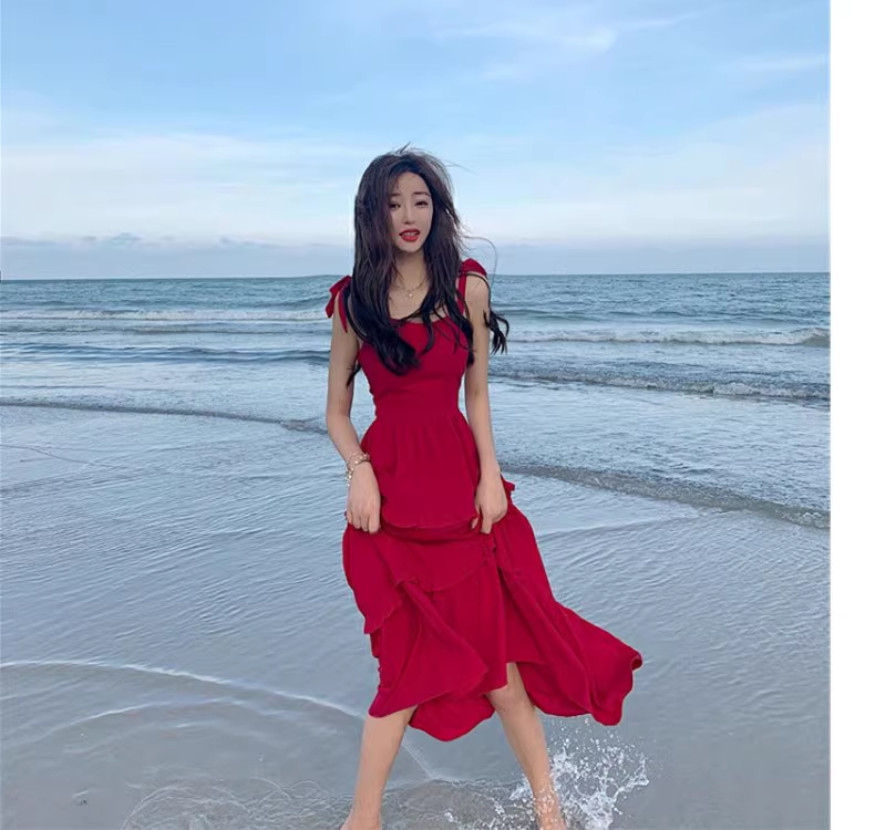 New Fashion Red Casual Sleeveless Beach Spaghetti Strap Dress AP0248
