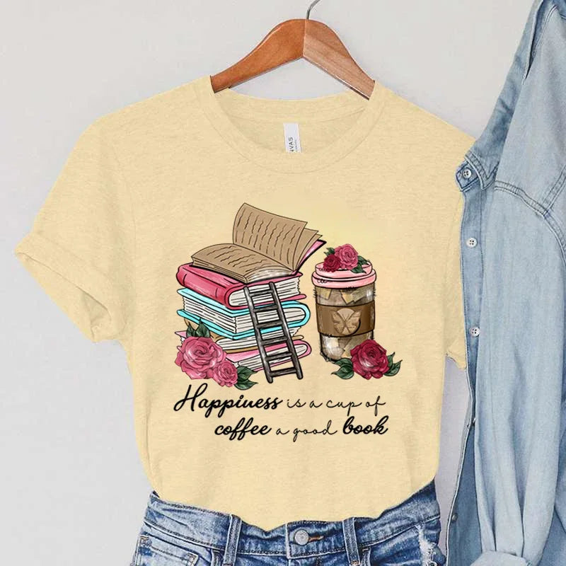 Women Happiness Coffee And Book Lover Graphic Tee New Fashion Simple T-shirt AP000167