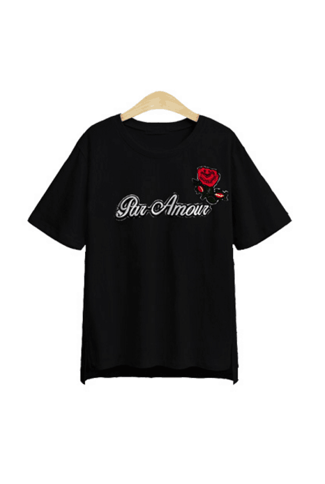 Rose Embroidered And ‘par Amour’ Graphic Tee Featuring Crew Neck AP00095