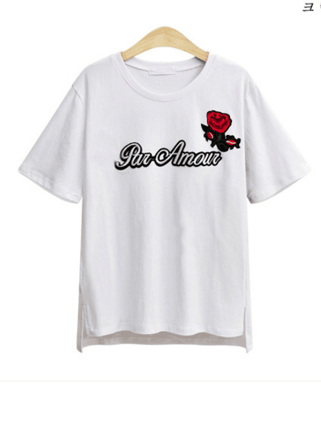 Rose Embroidered And ‘par Amour’ Graphic Tee Featuring Crew Neck AP00095