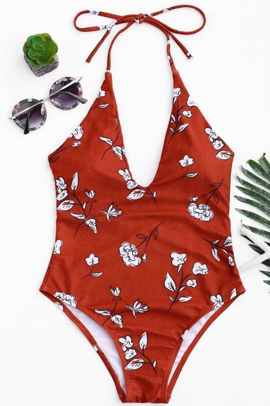 Floral Print Plunge Halter One Piece Swimsuit AP00048