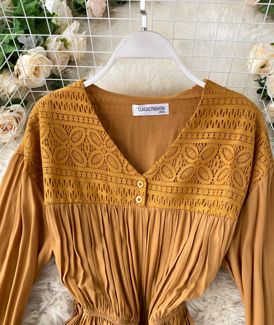 Vintage V Neck Pleated Dress Long Sleeve Dress AP00067