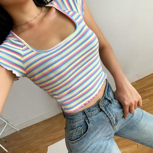 Colored Pit Strip T-shirt, Sexy Crop Top, Square Collar Short Sleeve Top AP00039